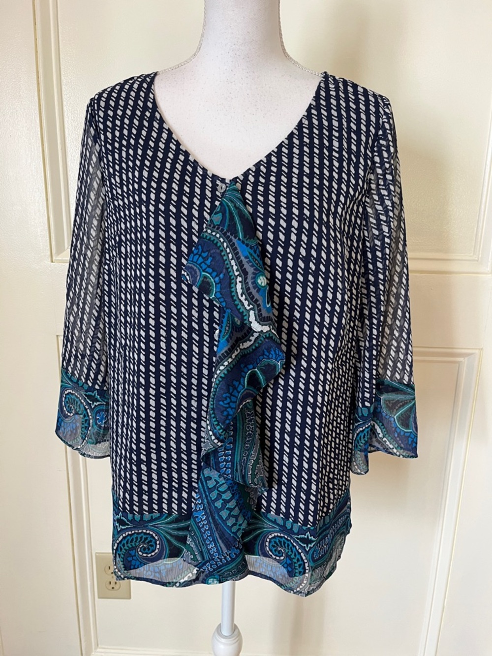 Isaac Mizrahi Navy and Teal Paisley-Trim Ruffle Blouse